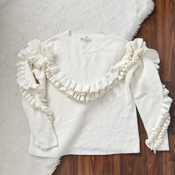Frame Ruffle-yoke Ribbed Sweater In Off White - Picture 4 of 12